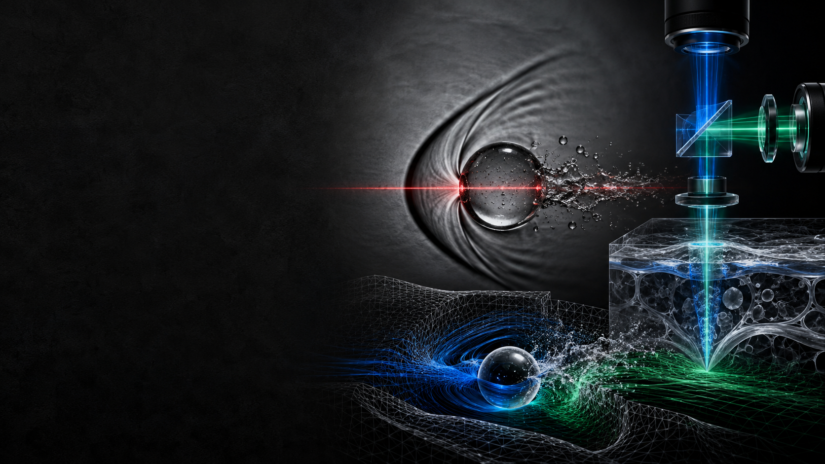 Conceptual visualization linking high-speed droplet diagnostics, optical instrumentation, and computational flow modeling.